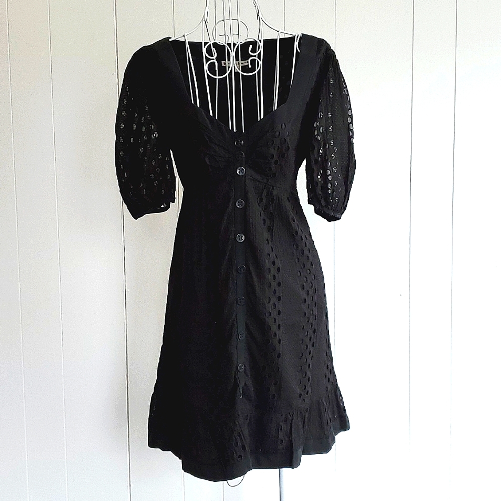 Nanette Lepore Sweetheart Neckline Eyelet Lace Front Button Black Dress Size 10